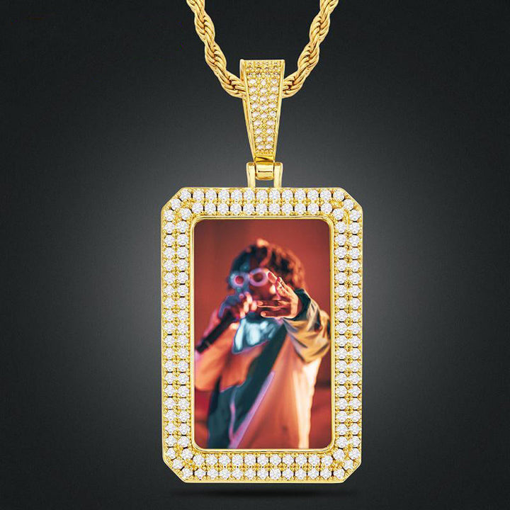 Double Row Crystal Square 18K Plating Of Gold Medallion Necklace Mens