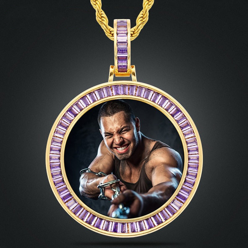 New Purple Crystal Rhinestone Photo Medallion Necklace