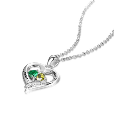 Love Jewelry Sterling Silver Personalized 2 Names Necklace with 2 Heart Simulated Birthstone Couple Pendant Necklace for Women