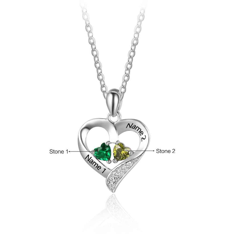 Love Jewelry Sterling Silver Personalized 2 Names Necklace with 2 Heart Simulated Birthstone Couple Pendant Necklace for Women
