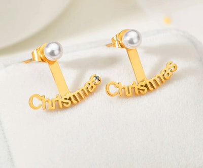 Personalize Name Stud Earrings- Trendy Custom Nameplate Earring With Pearl