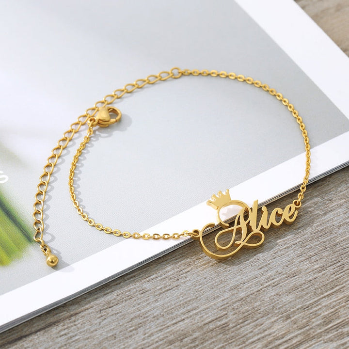 Customize Ankle Bracelet With Name And Crown