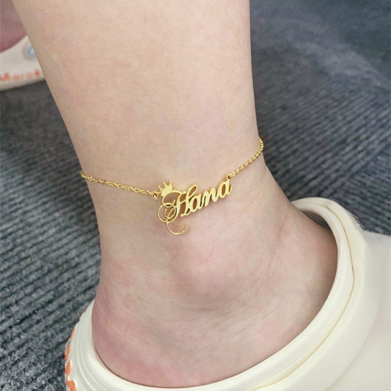 Customize Ankle Bracelet With Name And Crown