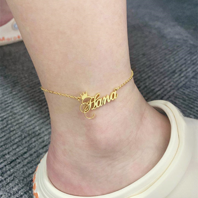 Customize Ankle Bracelet With Name And Crown