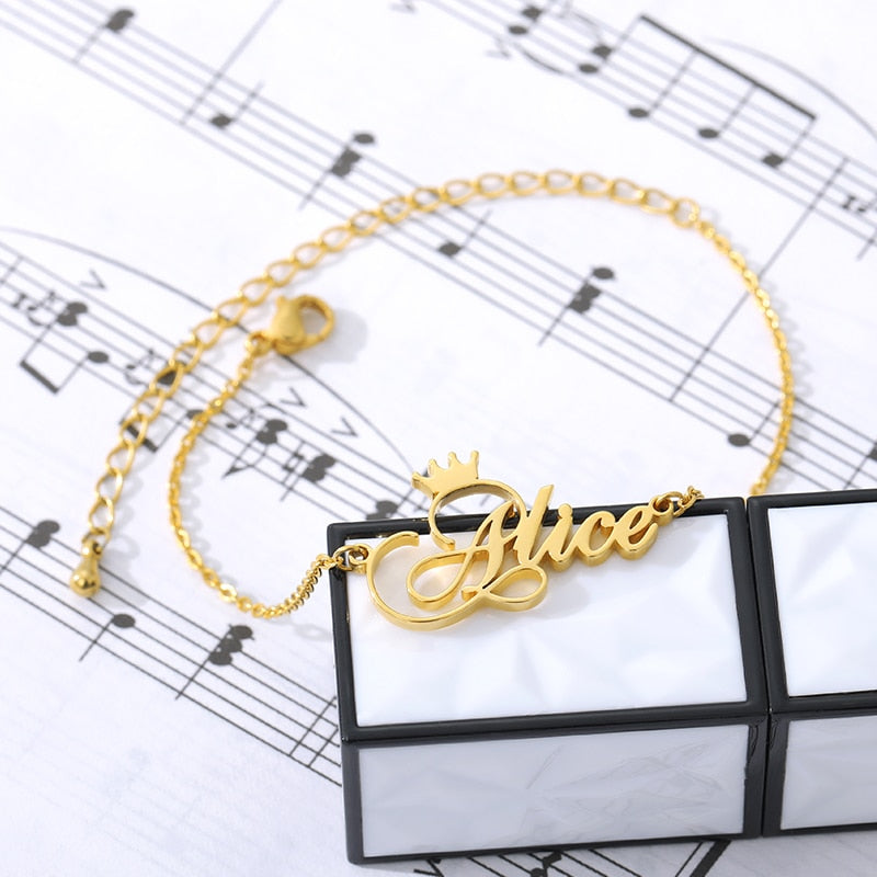 Customize Ankle Bracelet With Name And Crown