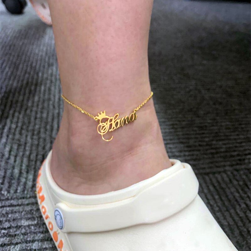 Customize Ankle Bracelet With Name And Crown