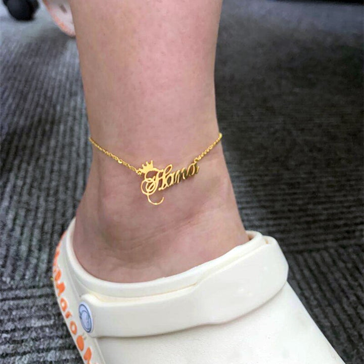 Customize Ankle Bracelet With Name And Crown