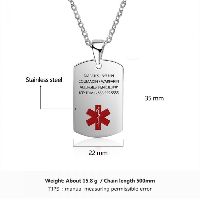 Personalized Stainless Steel Medical Alert Pendant Necklace