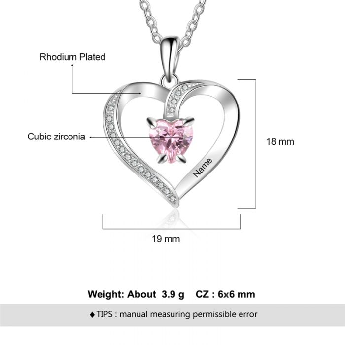 Custom 925 Sterling Silver Birthstone Heart Necklace- Gifts For A Girlfriend&