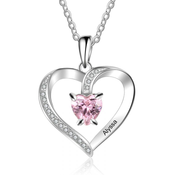 Custom 925 Sterling Silver Birthstone Heart Necklace- Gifts For A Girlfriend&