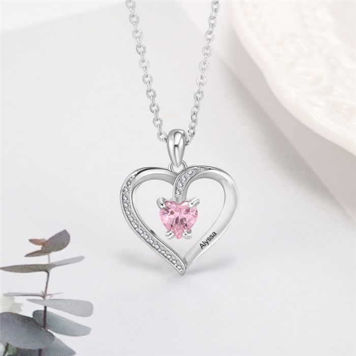 Custom 925 Sterling Silver Birthstone Heart Necklace- Gifts For A Girlfriend&