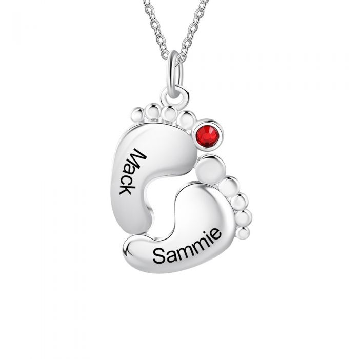 Personalized Rhodium Plated Feet Necklace With Name- Unique Gift For Mom