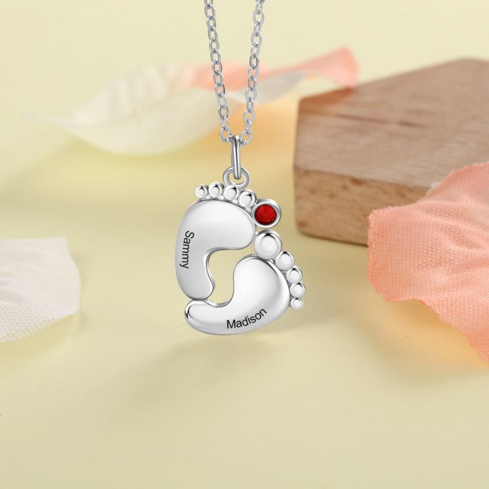 Personalized Rhodium Plated Feet Necklace With Name- Unique Gift For Mom