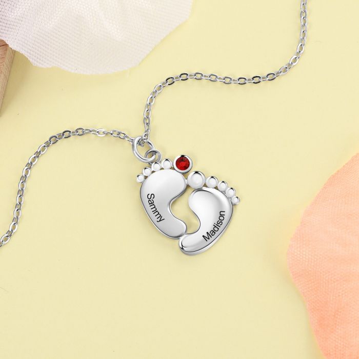Personalized Rhodium Plated Feet Necklace With Name- Unique Gift For Mom