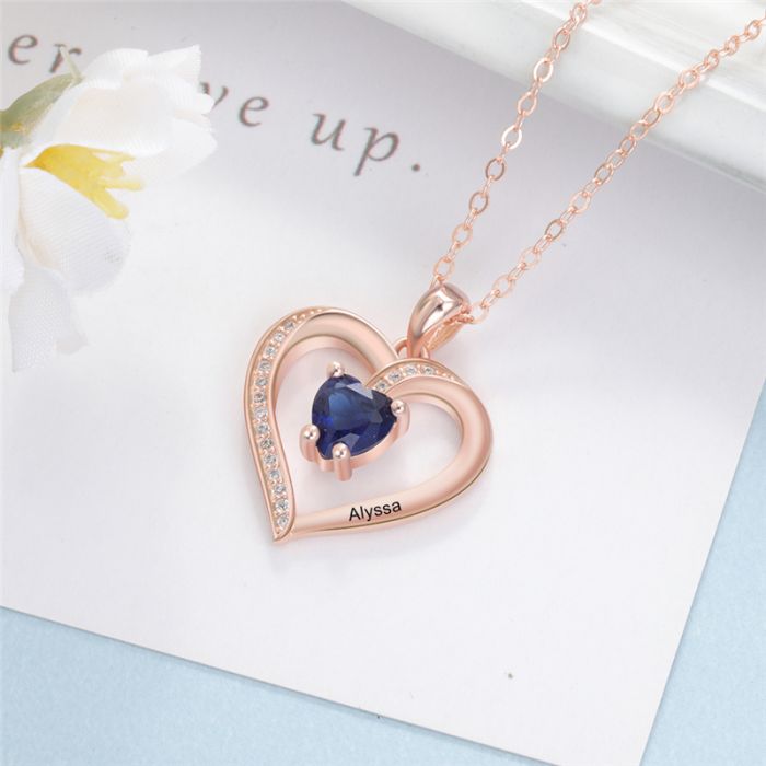 Custom 925 Sterling Silver Birthstone Heart Necklace- Gifts For A Girlfriend&