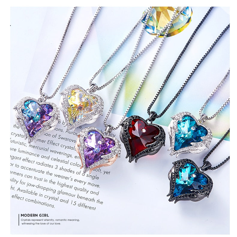 Crystal Heart Necklace- Swarovski Crystal Purple Heart Necklace- Swarovski Crystal Heart Angel Wings Necklace