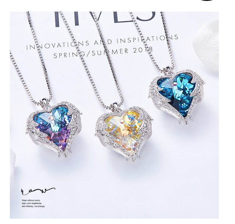 Crystal Heart Necklace- Swarovski Crystal Purple Heart Necklace- Swarovski Crystal Heart Angel Wings Necklace
