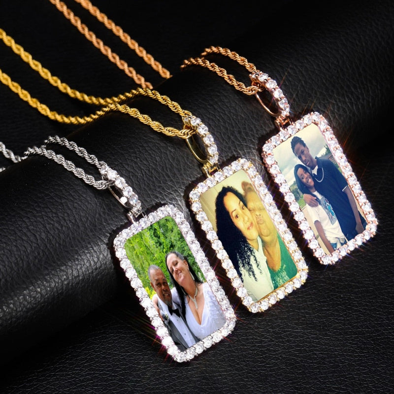 Custom Square Photo Medallion Necklace With Sparkle Stone