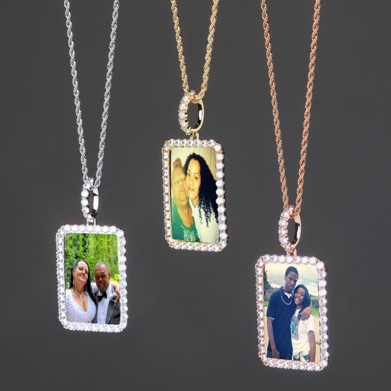 Custom Square Photo Medallion Necklace With Sparkle Stone