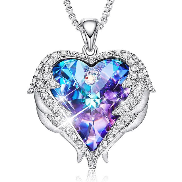 Crystal Heart Necklace- Swarovski Crystal Purple Heart Necklace- Swarovski Crystal Heart Angel Wings Necklace