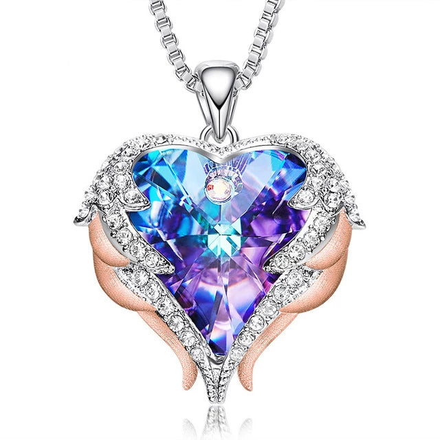 Crystal Heart Necklace- Swarovski Crystal Purple Heart Necklace- Swarovski Crystal Heart Angel Wings Necklace