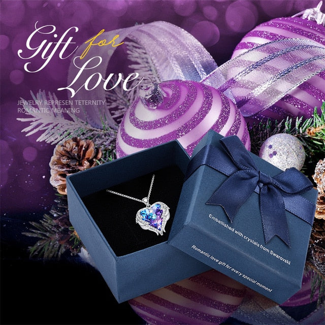 Crystal Heart Necklace- Swarovski Crystal Purple Heart Necklace- Swarovski Crystal Heart Angel Wings Necklace