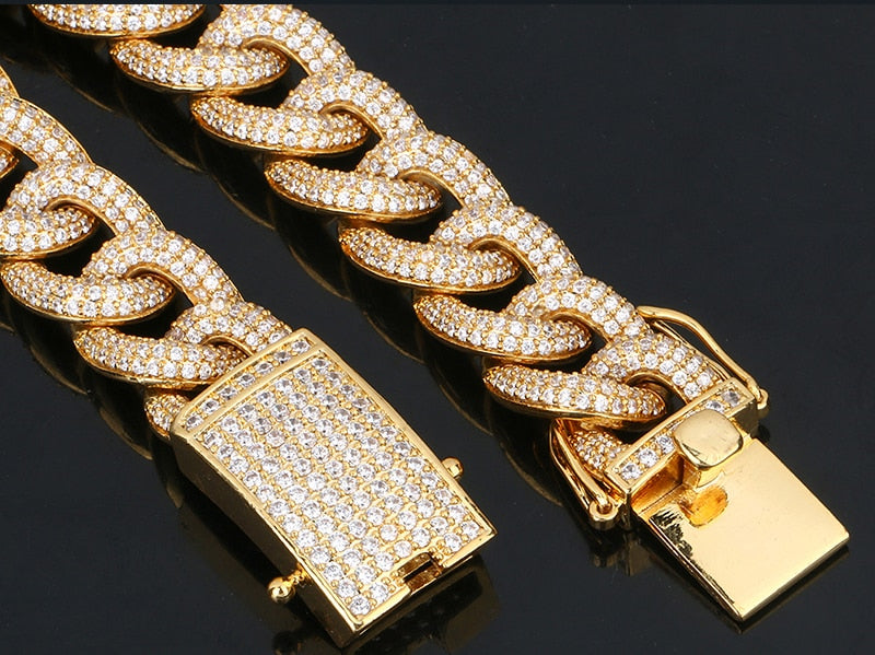 18K Gold Plated 14mm Thick AAA Micro Pave Bracelet- Miami Crystal Curb Cuban Link Chain Bracelet