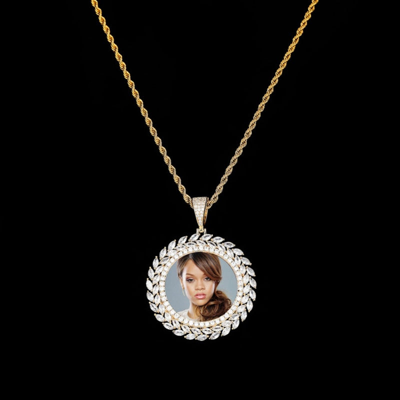 Custom 18k Gold Wheat Cubic Zircon Photo Pendant Necklace