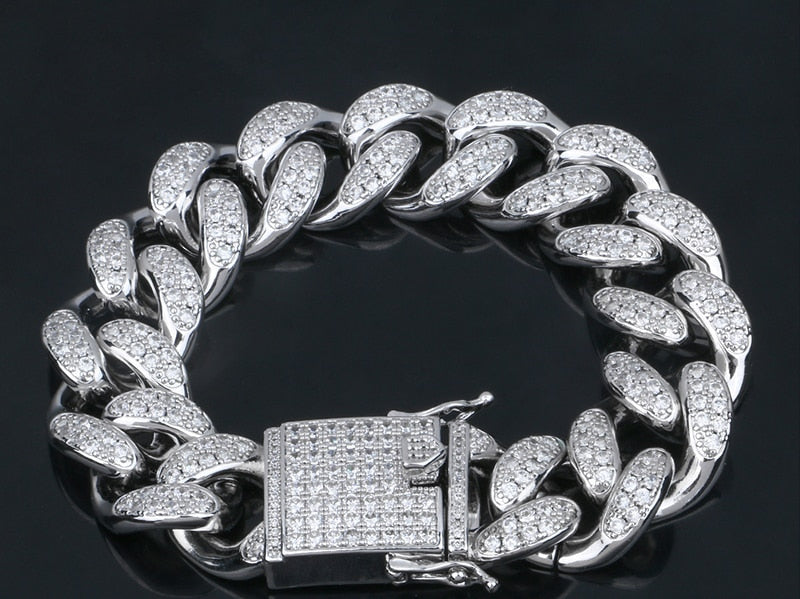 20mm Wide AAA Cubic Zirconia Cuban Chain Bracelets- Curb Rhinestones Hip Hop Bracelet