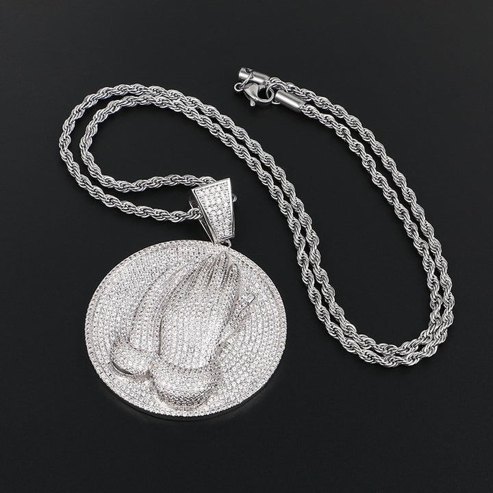 Praying Hands Pendant Necklace- Bible Verse Prayer Hip Hop Necklace