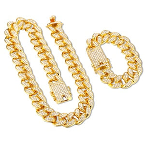 18K Gold Plated Iced Out Hip Hop Bracelet And Necklace For Her/Him