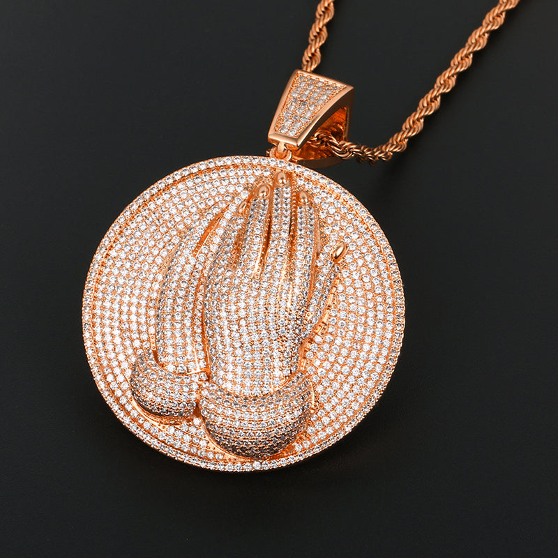 Praying Hands Pendant Necklace- Bible Verse Prayer Hip Hop Necklace