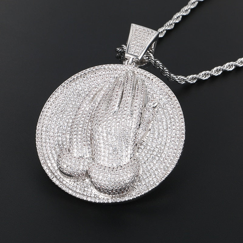 Praying Hands Pendant Necklace- Bible Verse Prayer Hip Hop Necklace