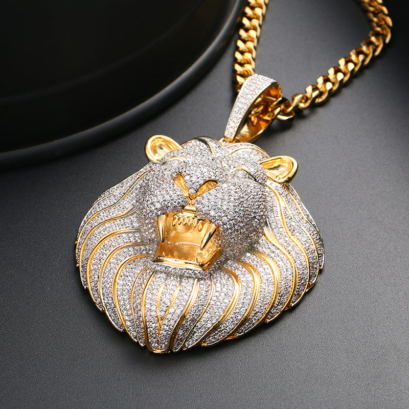 18K Gold Plated Necklace- Lion Head Pendant- Iced Out Lion Head Necklace