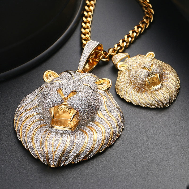 18K Gold Plated Necklace- Lion Head Pendant- Iced Out Lion Head Necklace