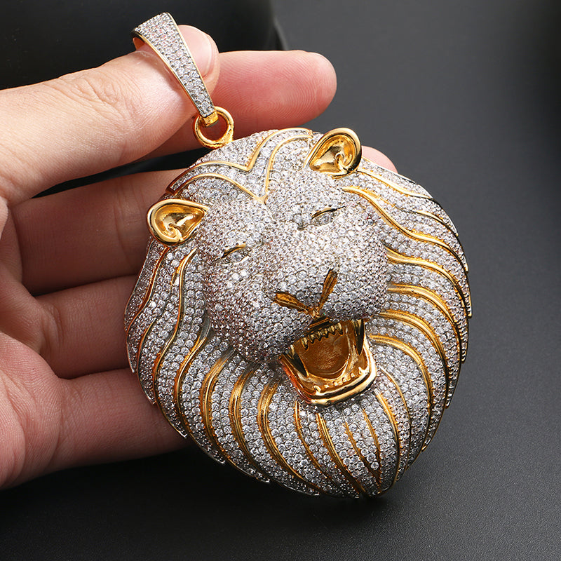 18K Gold Plated Necklace- Lion Head Pendant- Iced Out Lion Head Necklace
