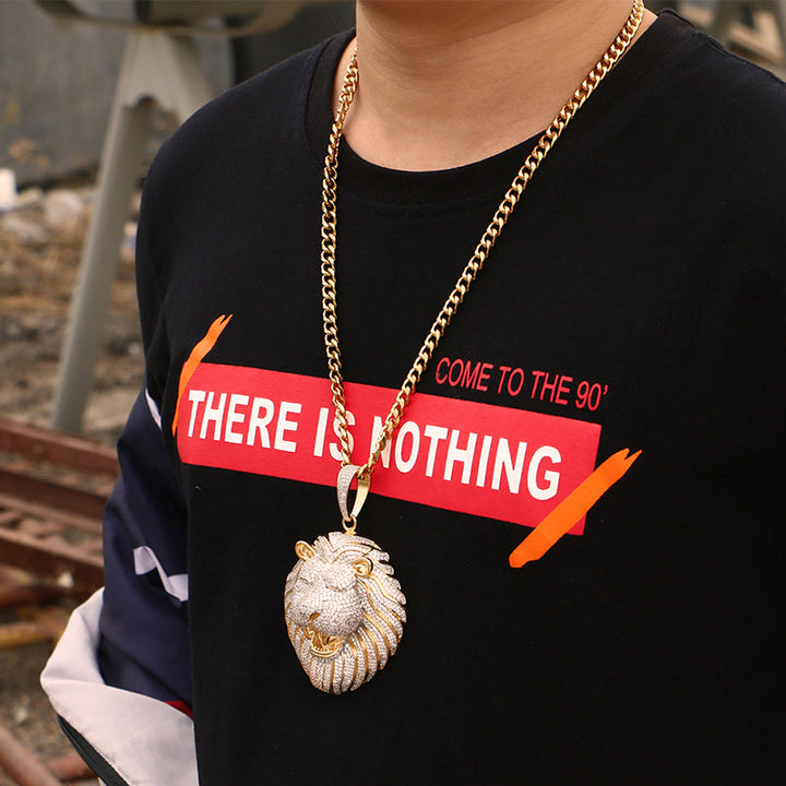 18K Gold Plated Necklace- Lion Head Pendant- Iced Out Lion Head Necklace