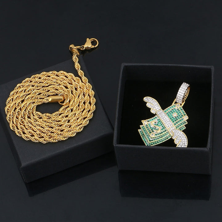 US Dollar Money Pendant Necklace-Bling Hip Hop Jewelry