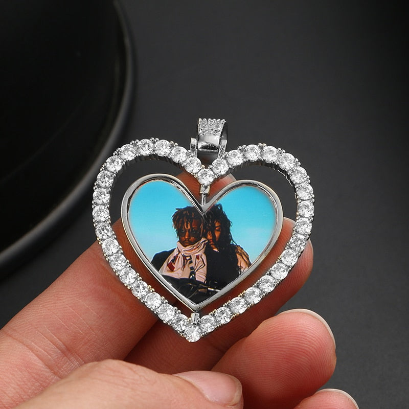 Custom Photo Heart Rotating Double-sided Medallions Necklace Christmas Gifts For Couple