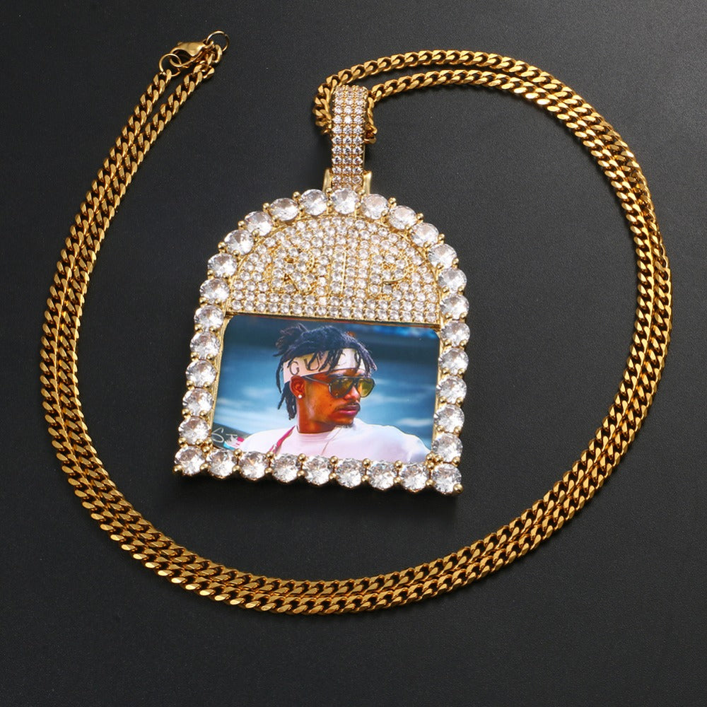 Custom 18k Gold Photo Crystal Pendant Necklace