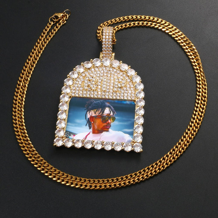 Custom 18k Gold Photo Crystal Pendant Necklace