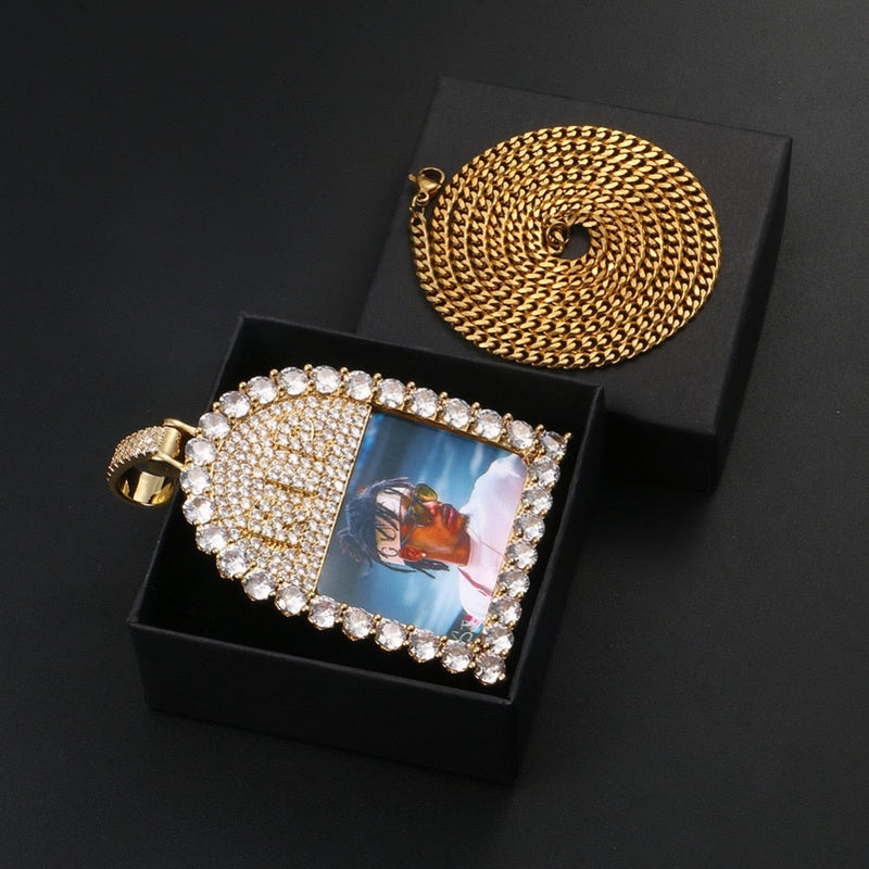 Custom 18k Gold Photo Crystal Pendant Necklace