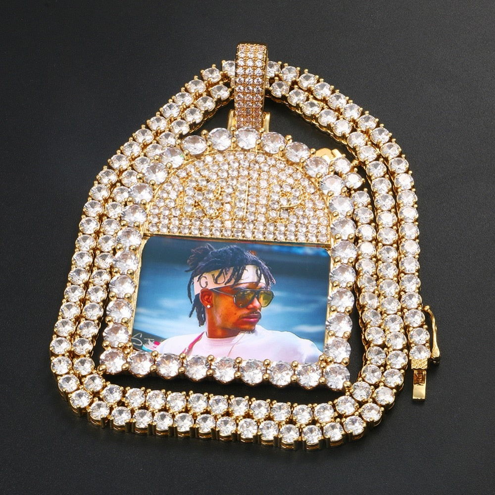 Custom 18k Gold Photo Crystal Pendant Necklace