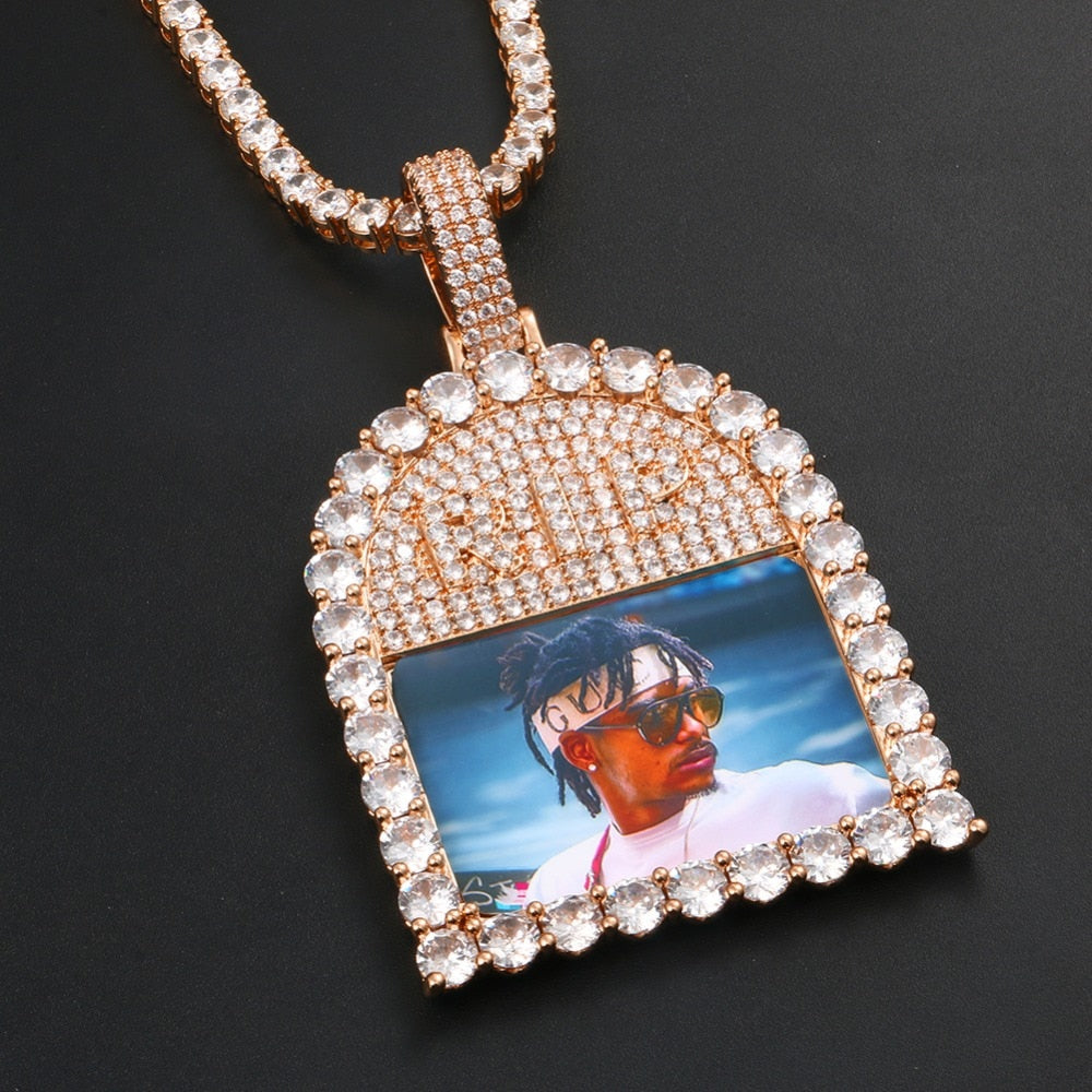 Custom 18k Gold Photo Crystal Pendant Necklace