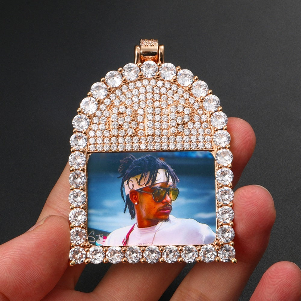 Custom 18k Gold Photo Crystal Pendant Necklace