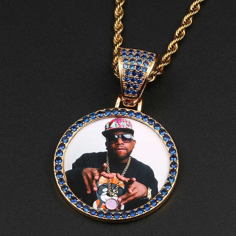 Personalize Blue Crystal Photo Medallion Necklace- Blue Crystal AAA+ CZ Diamond Medallion Necklace