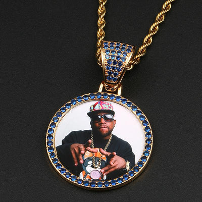 Custom Plating of Gold Photo Blue Crystal Pendant Medallion Necklace