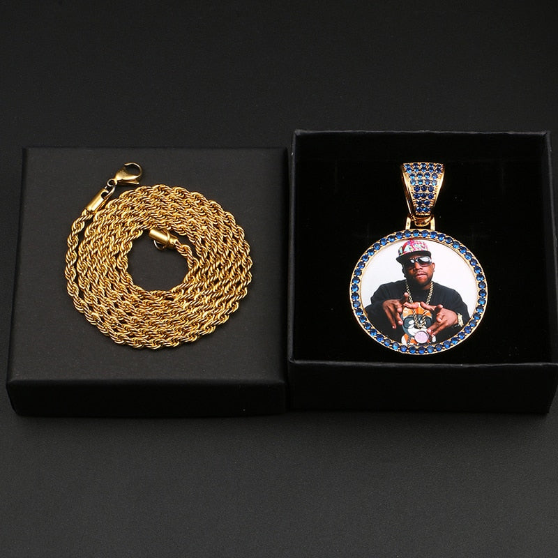 Personalize Blue Crystal Photo Medallion Necklace- Blue Crystal AAA+ CZ Diamond Medallion Necklace
