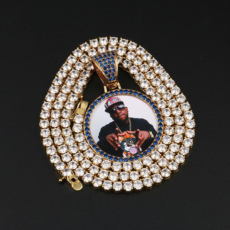 Custom Plating of Gold Photo Blue Crystal Pendant Medallion Necklace