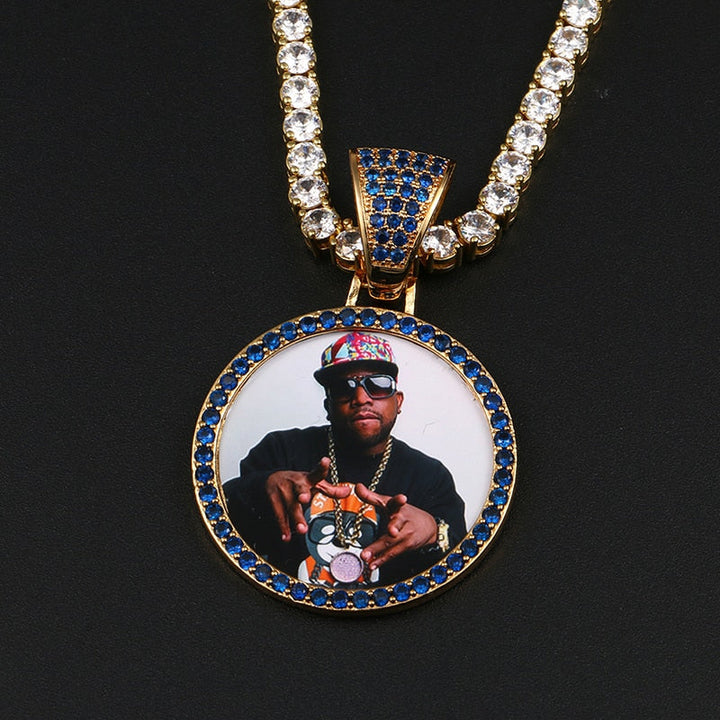 Personalize Blue Crystal Photo Medallion Necklace- Blue Crystal AAA+ CZ Diamond Medallion Necklace